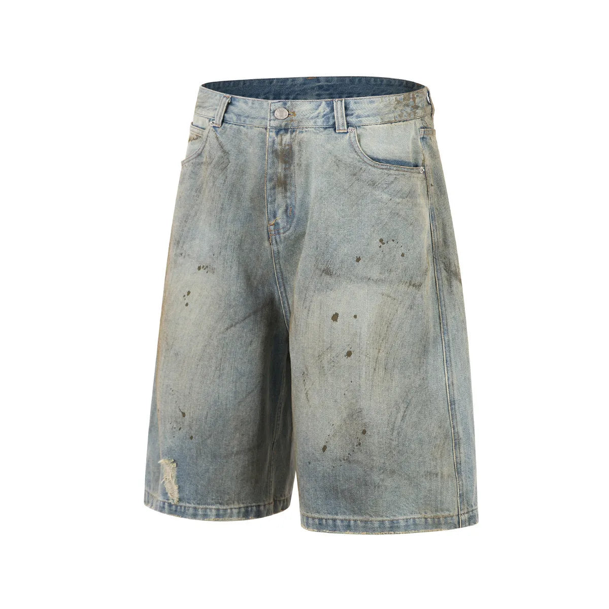Women's blue cropped washed denim straight-leg trousers with zipper fly on hanger