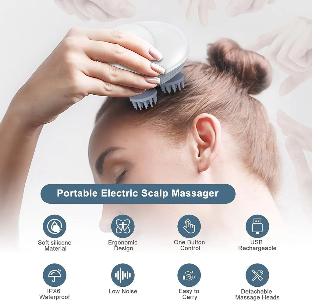 Blue electric handheld pet massager with four rotating heads on a white background.
