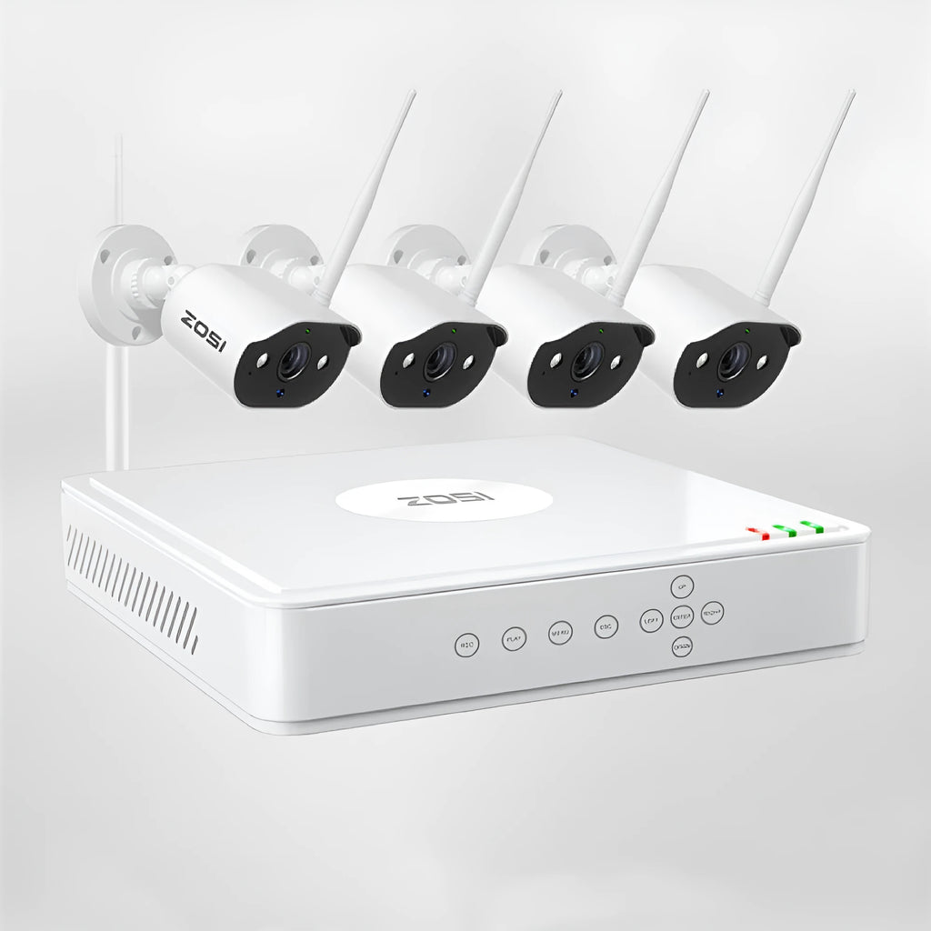 ZOSI 5MP POE security camera system with four outdoor cameras and NVR unit
