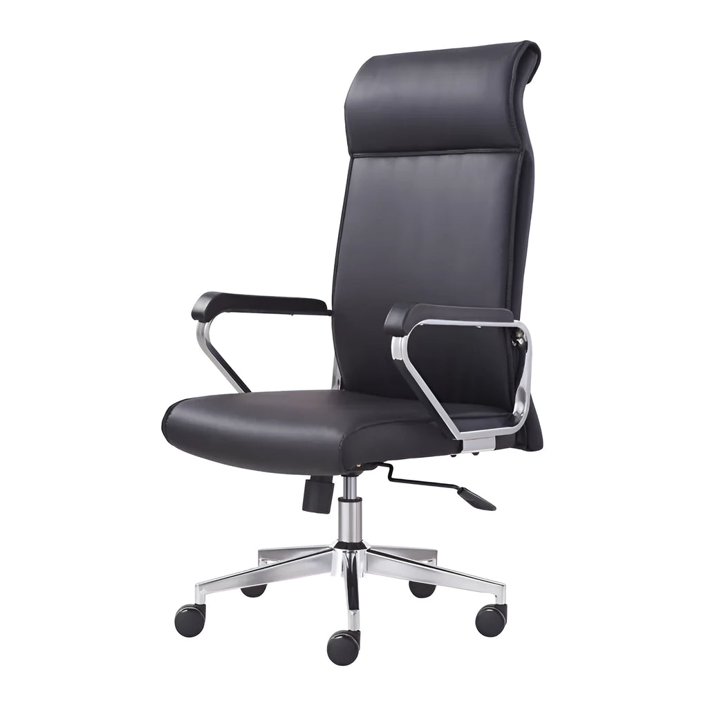 Black leather office chair with metal frame, armrests, and swivel base on a wooden floor