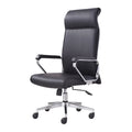 Black leather office chair with metal frame, armrests, and swivel base on a wooden floor