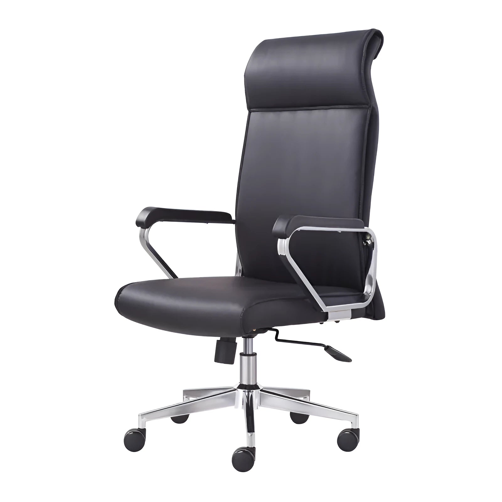 Black leather office chair with metal frame, armrests, and swivel base on a wooden floor
