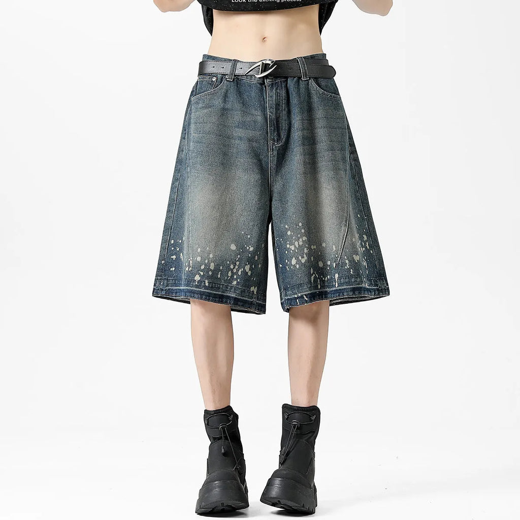 Retro washed ripped splash ink five points denim shorts for men in retro blue straight fit
