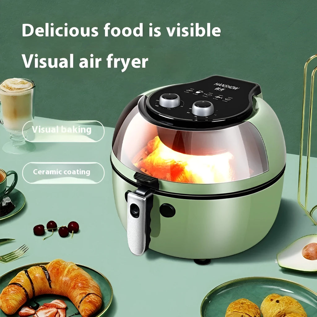 8-litre mechanical button air fryer oven with clear viewing window on countertop.
