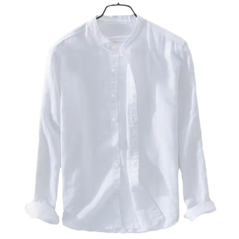 Men's loose fit long sleeve linen cotton shirt in solid colours: dark blue, light blue, khaki, grey, white