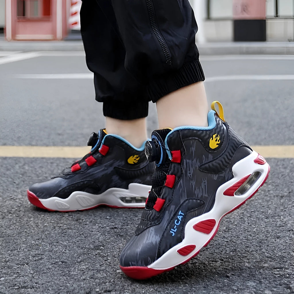 Children's rotating button basketball shoes in multiple colours with waterproof synthetic leather upper