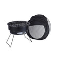 Small round folding ice stove with grill, leg, clip, and storage bag for portable outdoor cooking.