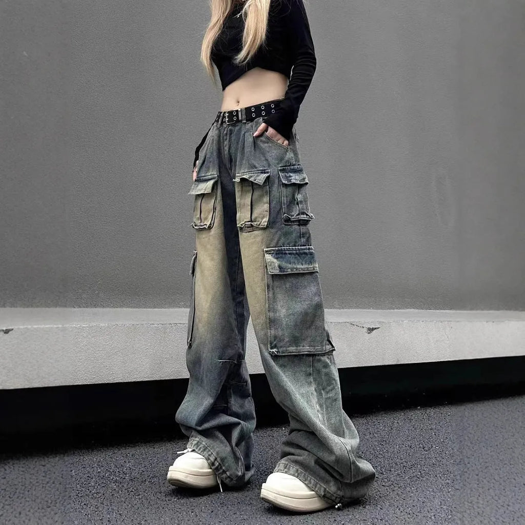 Loose fit distressed denim pants with multiple pockets in straight-leg street style