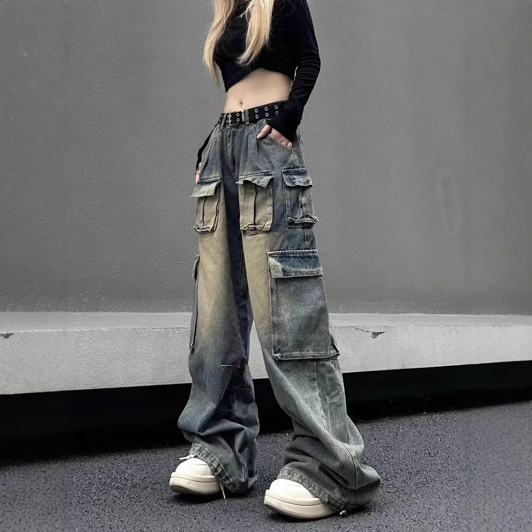 Loose fit distressed denim pants with multiple pockets in straight-leg street style
