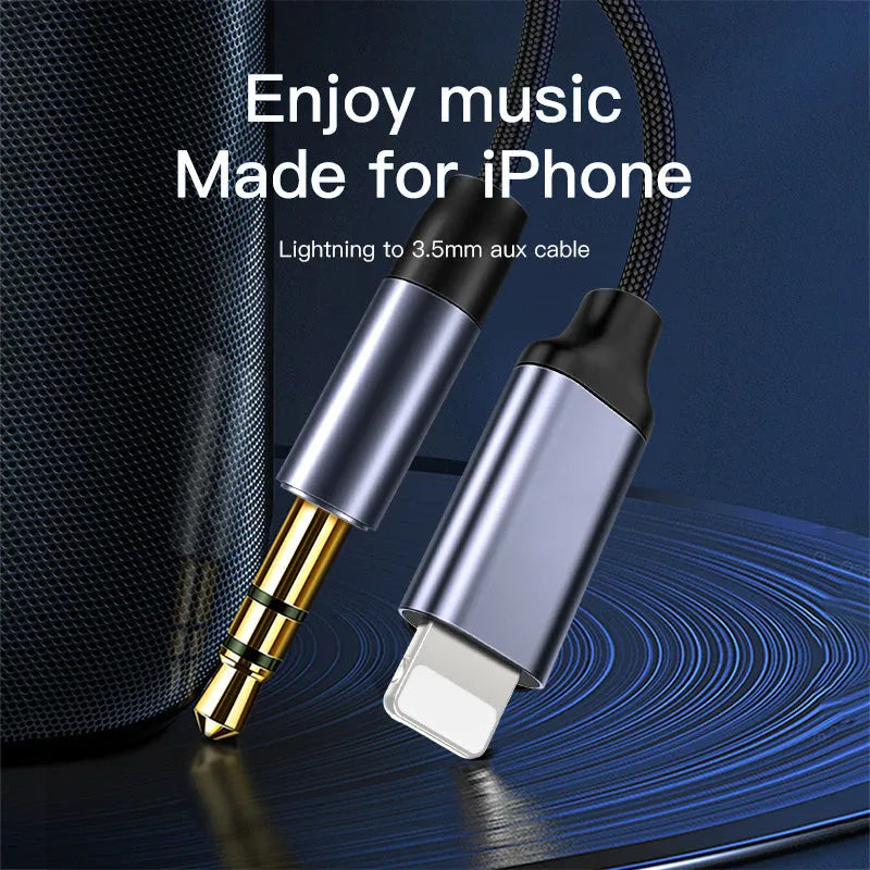 Silver 3.5mm male to male audio cable with black nylon braiding on a grey background.