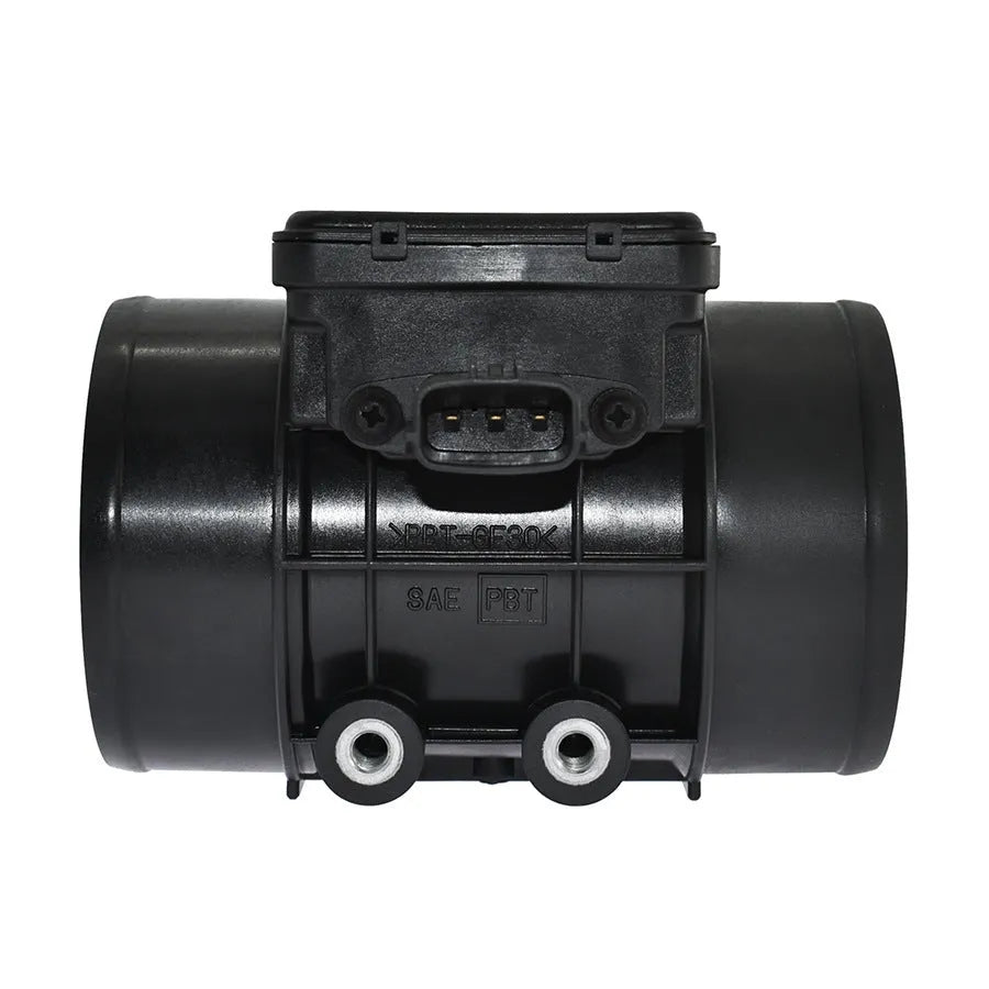Black plastic standard car air flow meter on a white background