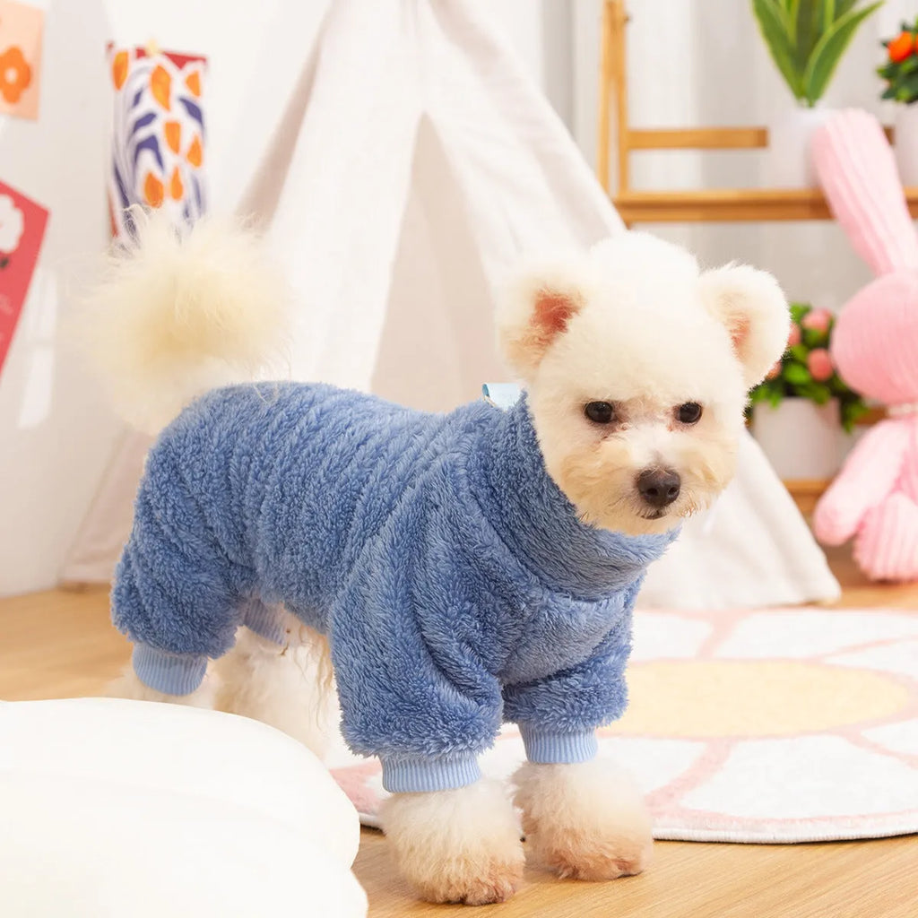 Khaki four-legged dog clothes with high collar and towing ring, made of double-sided plush cotton velvet.