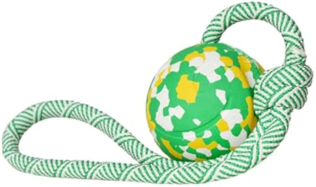 Natural rubber dog ball on a nylon rope toy for interactive fetch and tug games.