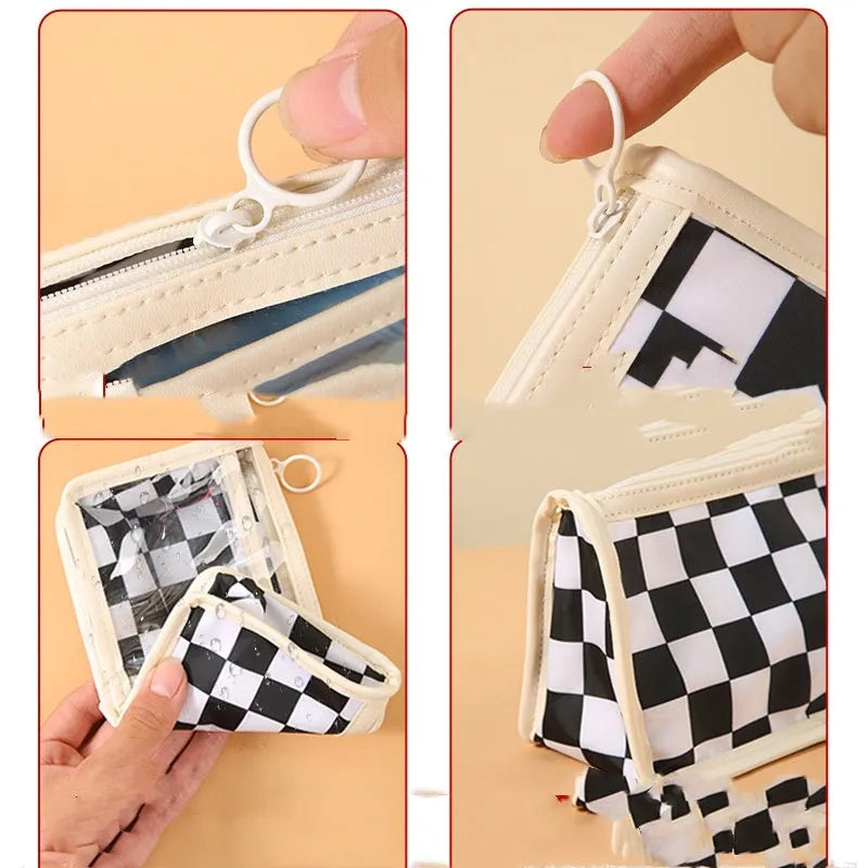 Transparent PVC pencil case with chessboard pattern measuring 21.5cm, shown in black and white grid design