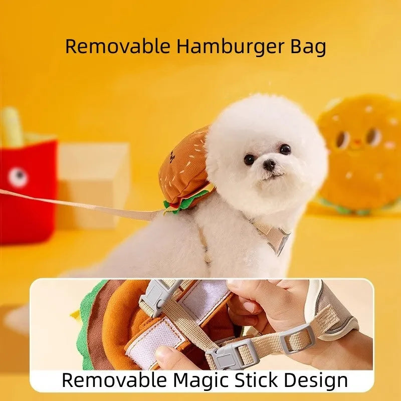 Cartoon hamburger print adjustable vest leash and backpack for a dog.