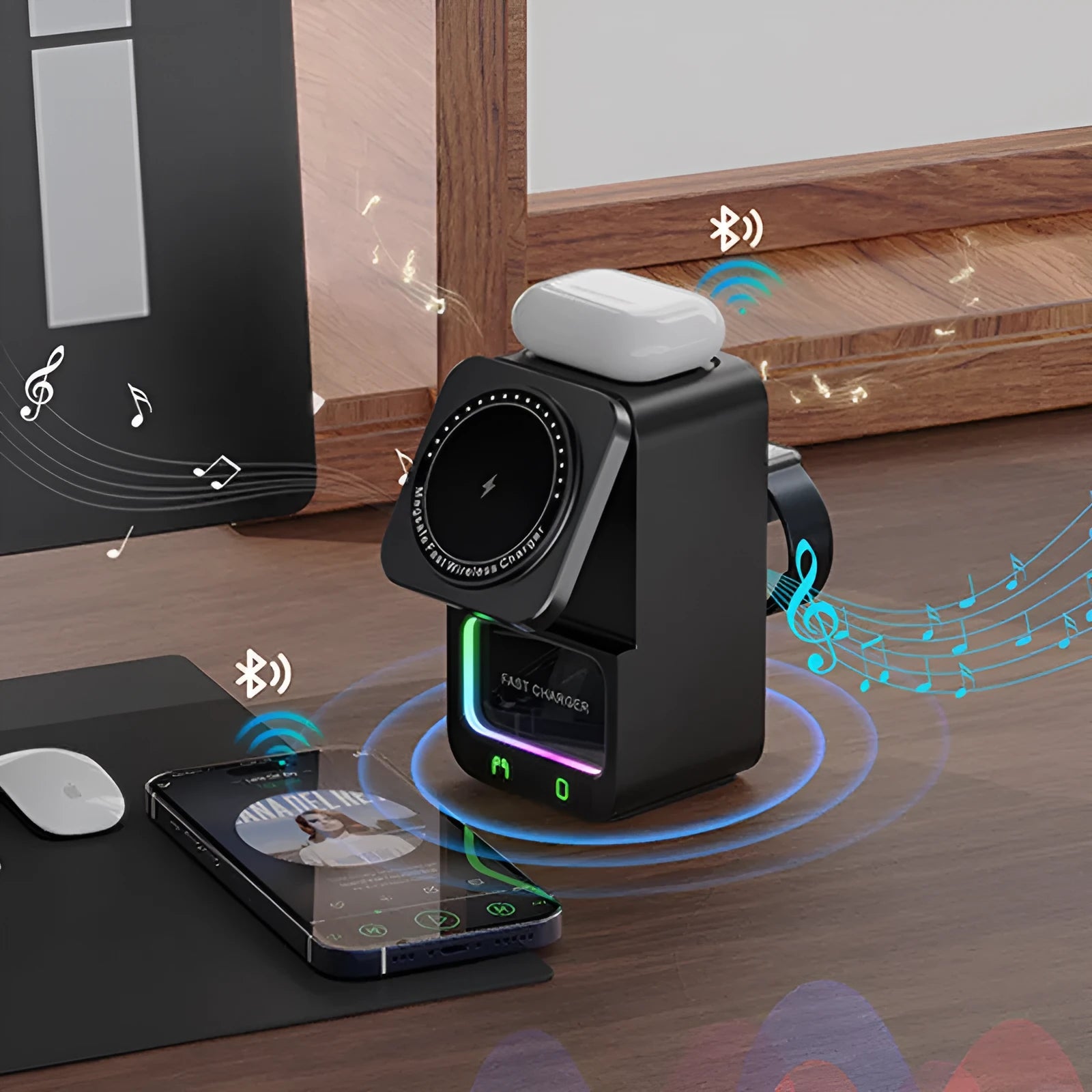 5-in-1 Bluetooth speaker wireless charger in black with QC3.0 fast charge and magnetic support