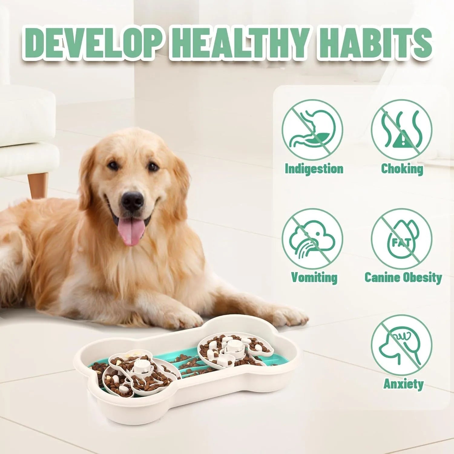Large green slow feeder dog bowl with three rotating puzzle trays for dry and wet food