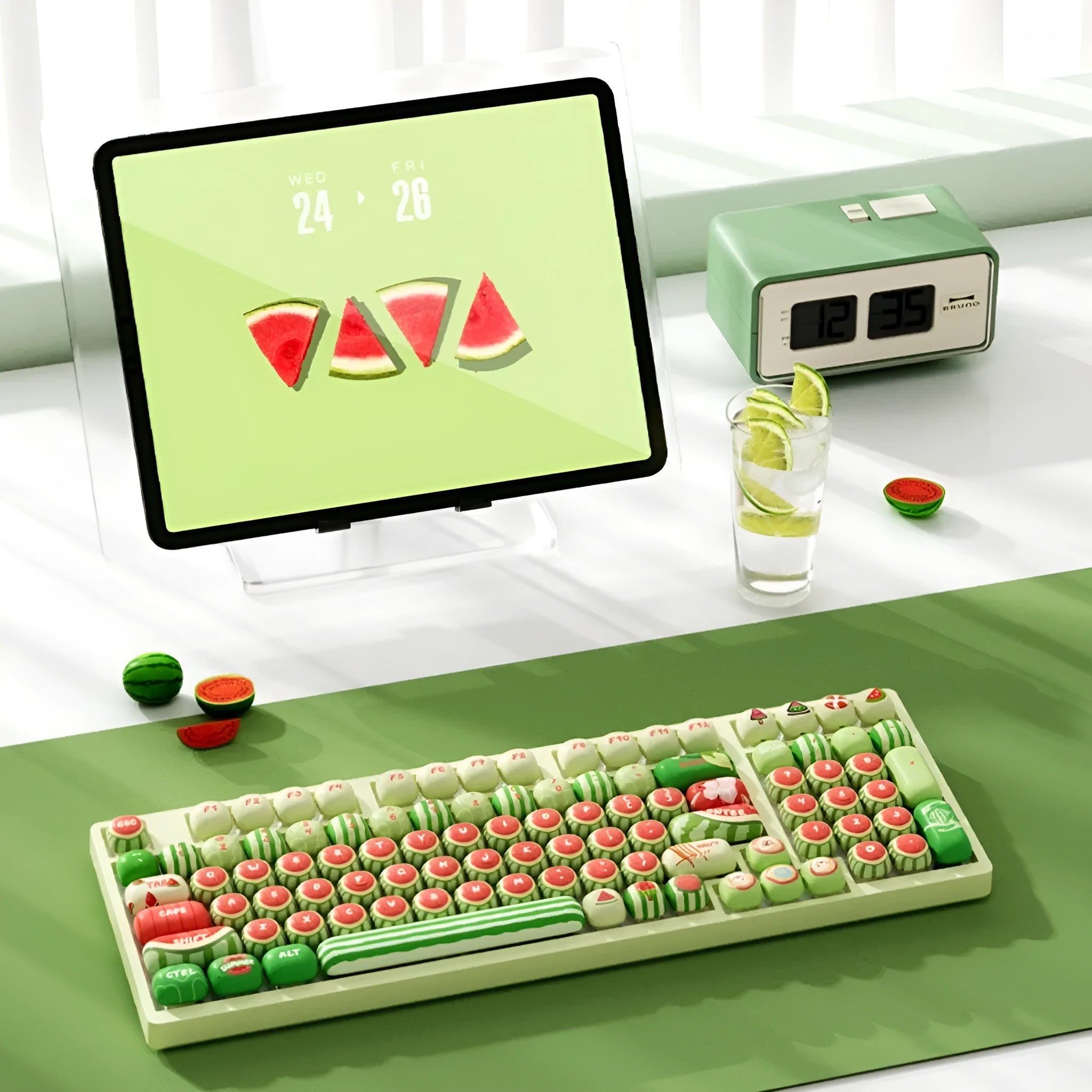 Watermelon themed blue PBT keycaps with MOG height profile for mechanical keyboards.