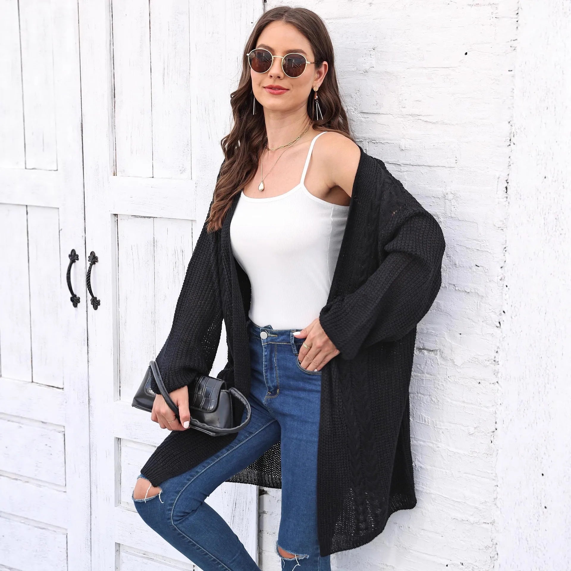 Women's loose fit acrylic sweater coat cardigan in solid colour options