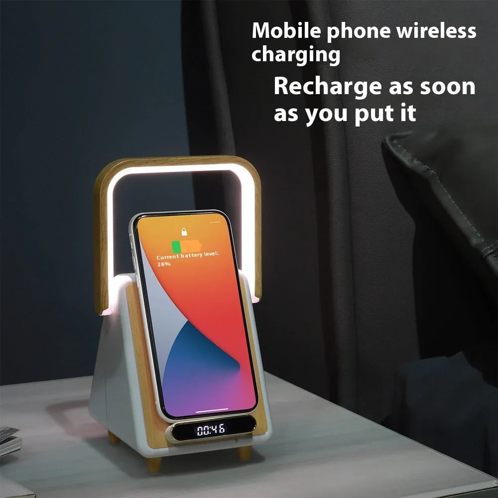 Wireless charging Bluetooth speaker with induction night lamp in Platinum Jazz finish, shown on a tabletop