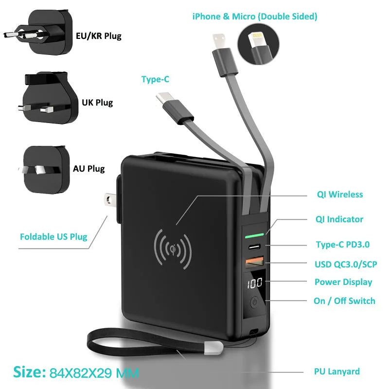 Black and white 10000mAh power bank with wireless charging surface and foldable plug