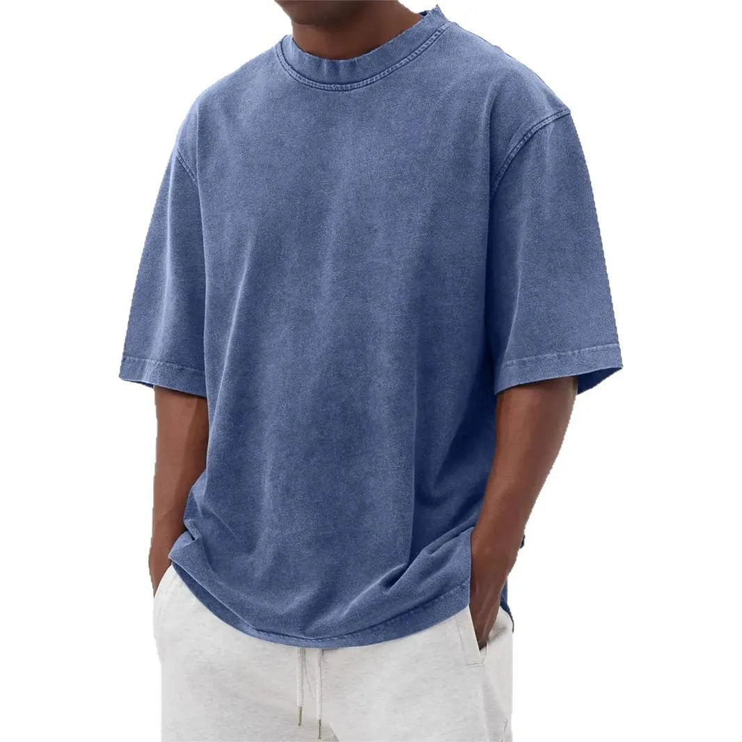 Men's stone washed pullover t-shirt in distressed blue colour with loose casual fit