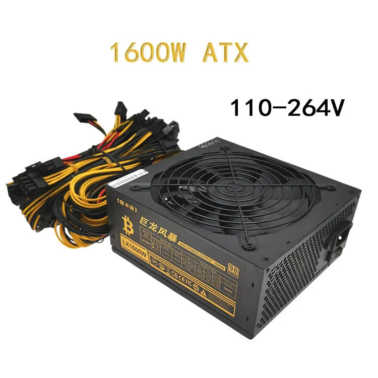 Black server power supply unit with multiple cable connectors including twelve 6+2 pin graphics card interfaces