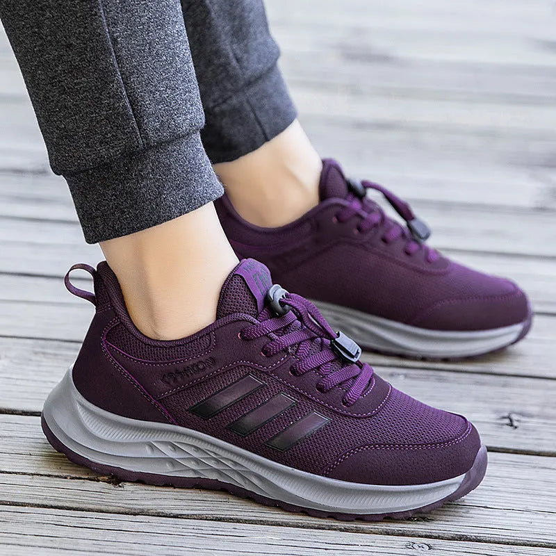 Adult unisex breathable mesh slip-on shoes in black, purple, and dark grey with an elastic band.