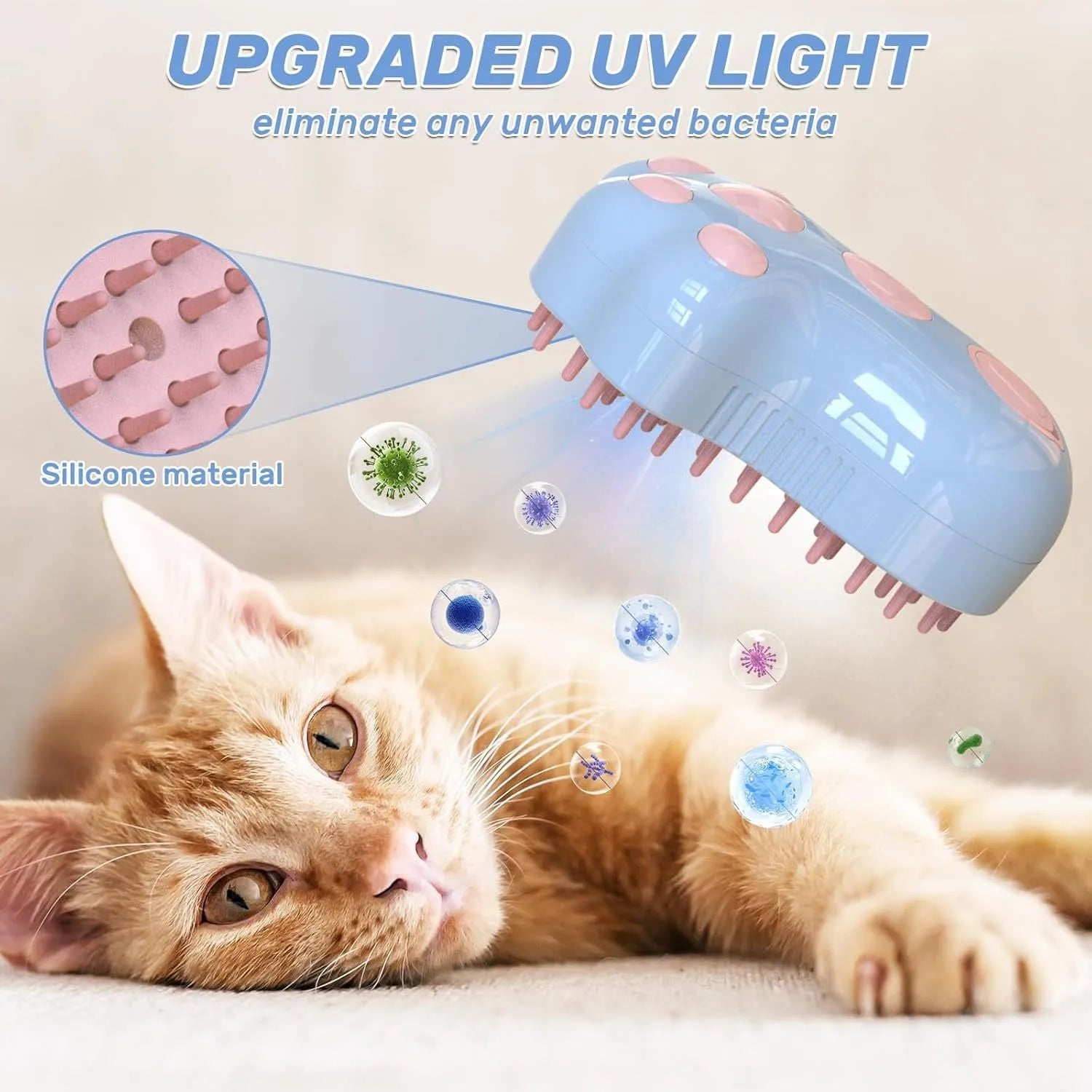 Blue self-cleaning silicone cat steam brush with release button for pet grooming