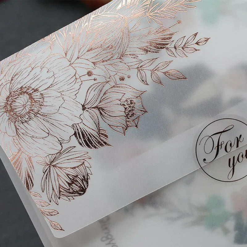 Sulfuric acid paper invitation card with bronzing matte varnish, gold sticker, 12.5x17.6 cm