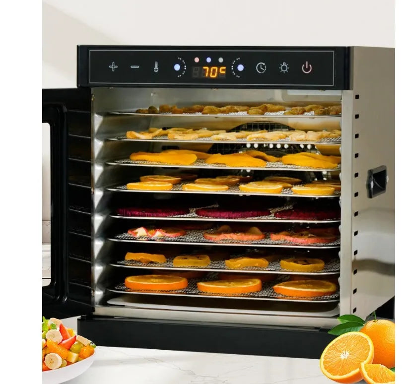Stainless steel food dehydrator machine with multiple stacking trays and an LED control panel.