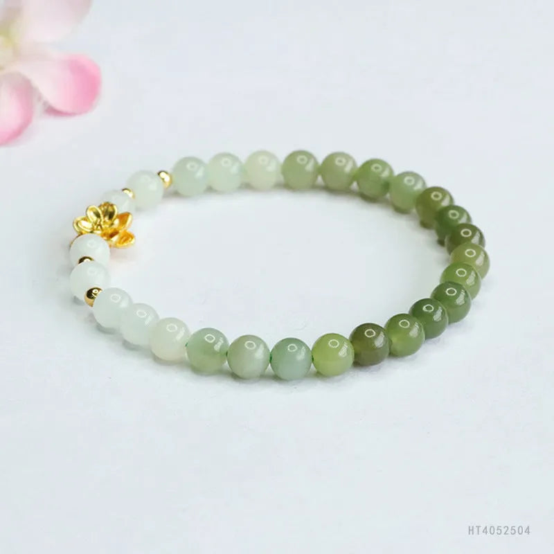 Hand-woven Hetian jade clear water gradient bracelet with lotus flower shape, 6mm beads, 17cm length