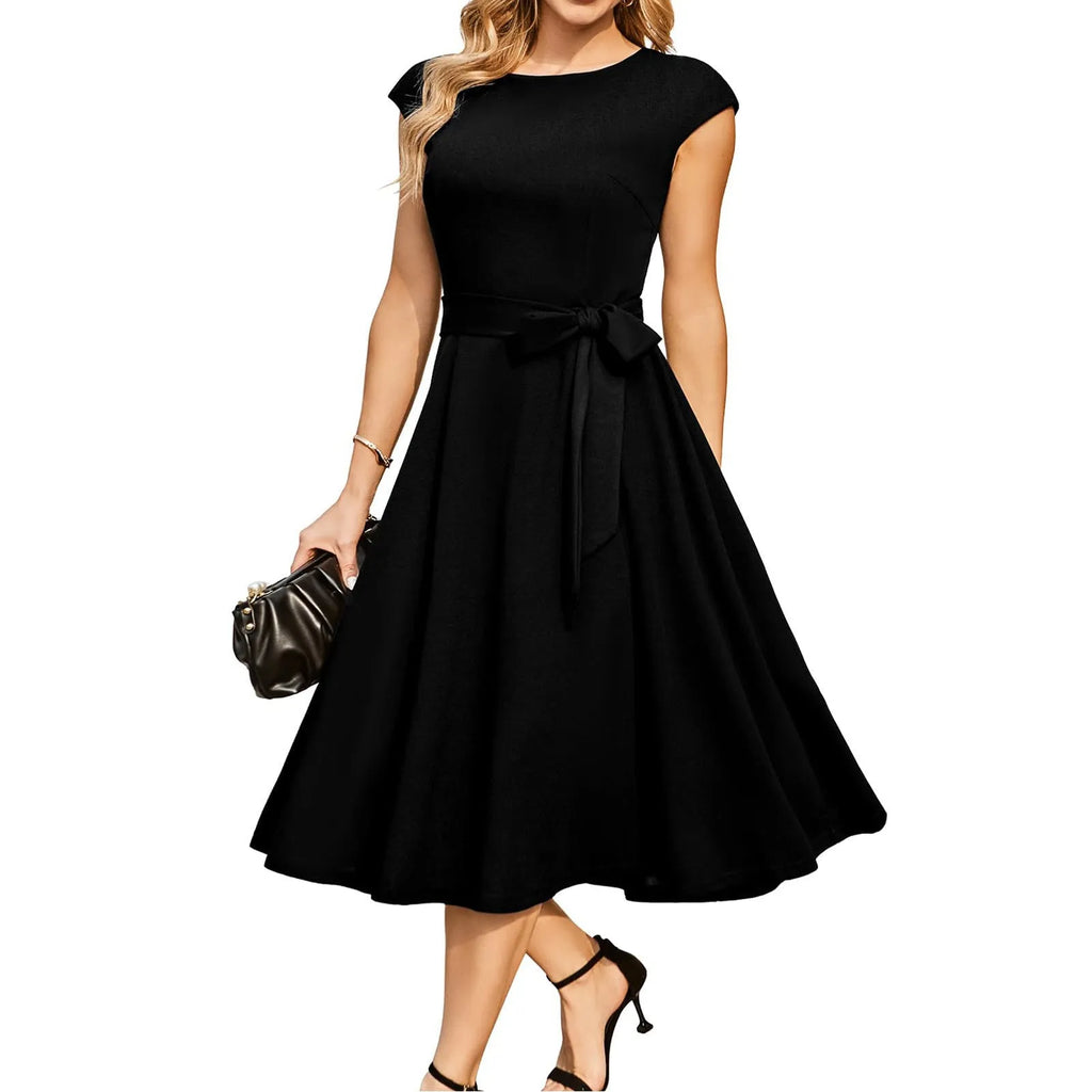 Sleeveless black lace-up waist party dress with a flowing oversized swing skirt, midi length.