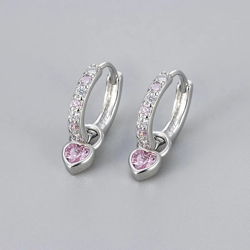 Women's zircon heart drop earrings in gold or white gold plating with coloured gemstones