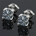 Geometric screw-back moissanite stud earrings with four-claw setting on silver, 7mm width