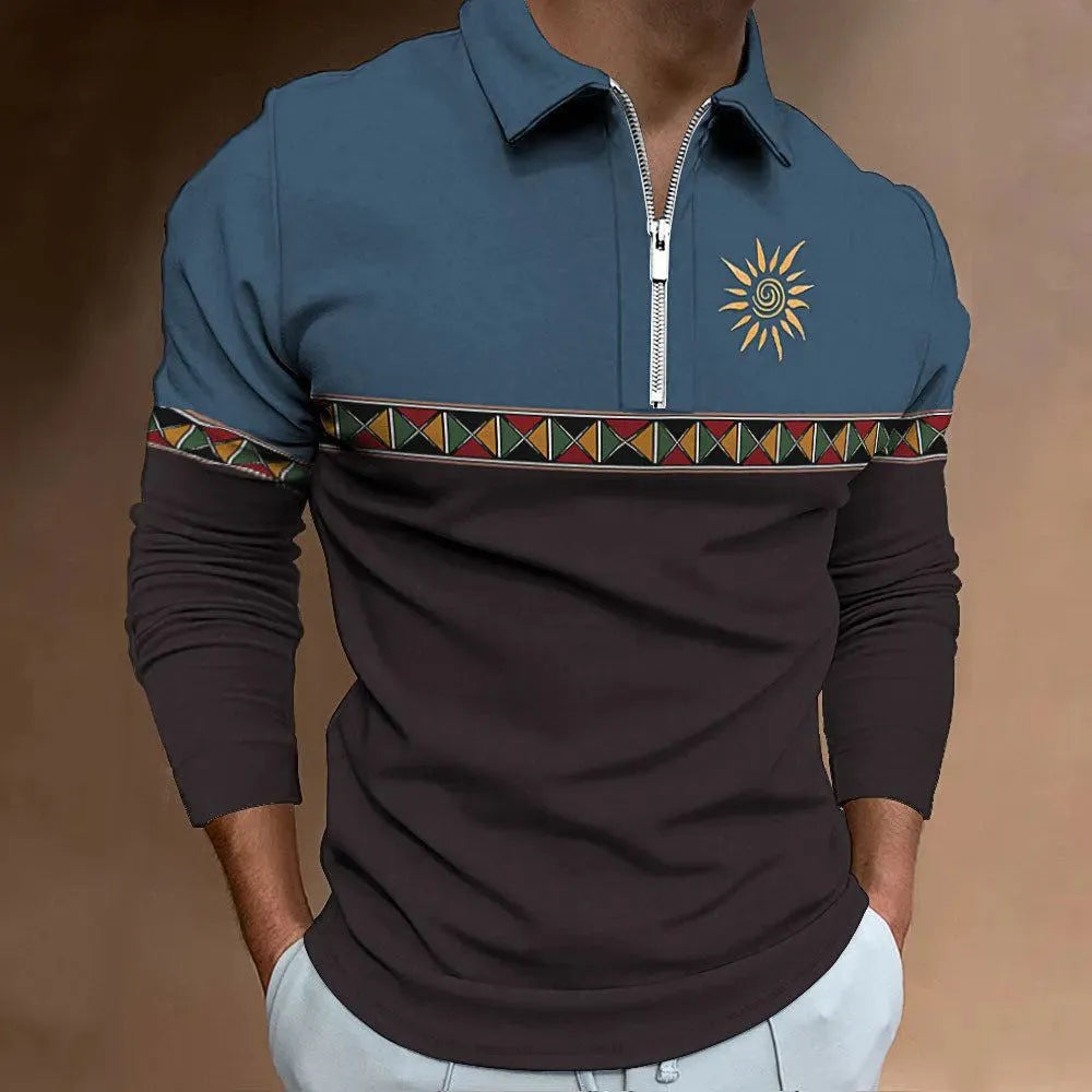 Men's long sleeve polo shirt with retro colour printing and striped pattern on bird eye cloth fabric.