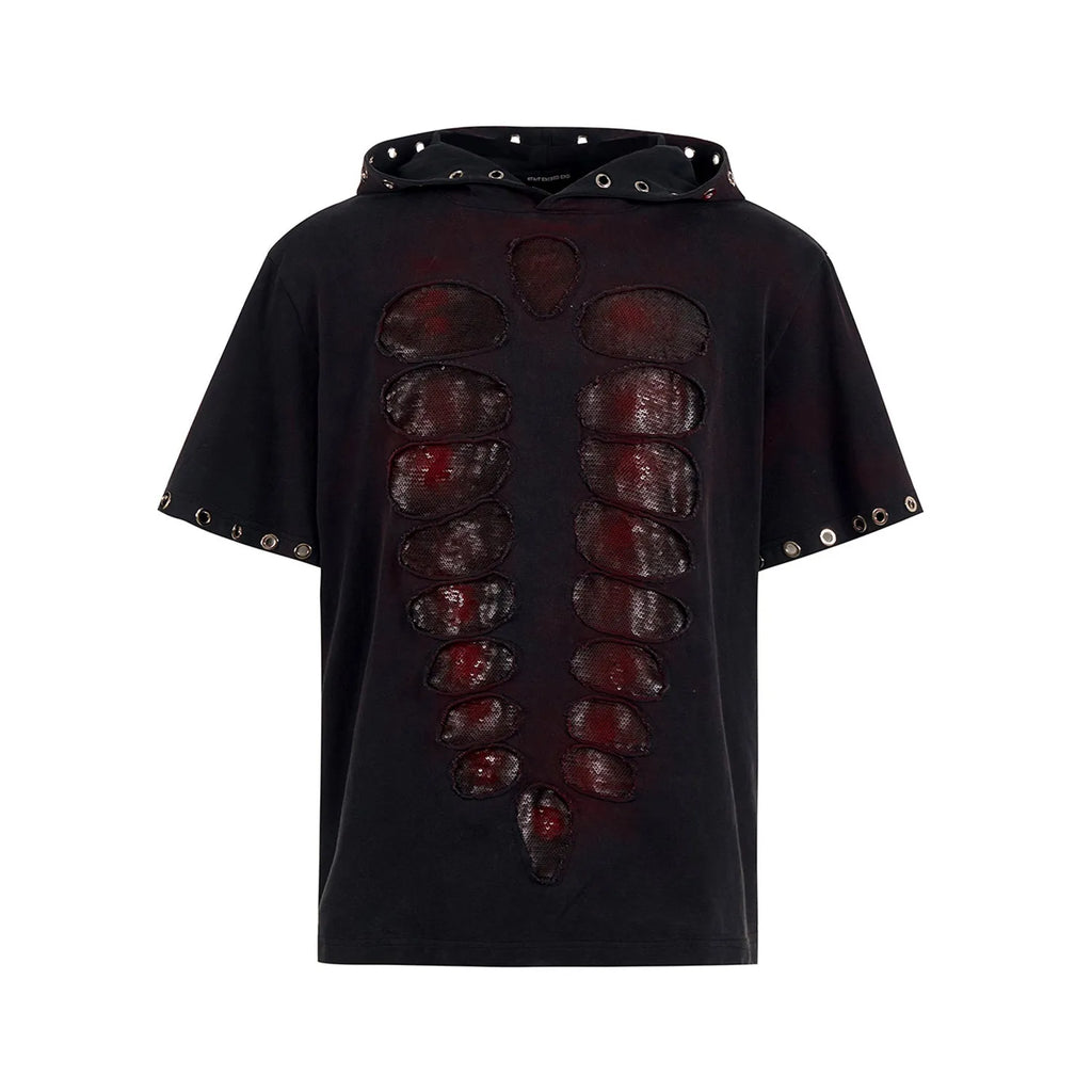 Black men's hooded T-shirt with sequin detailing and short sleeves