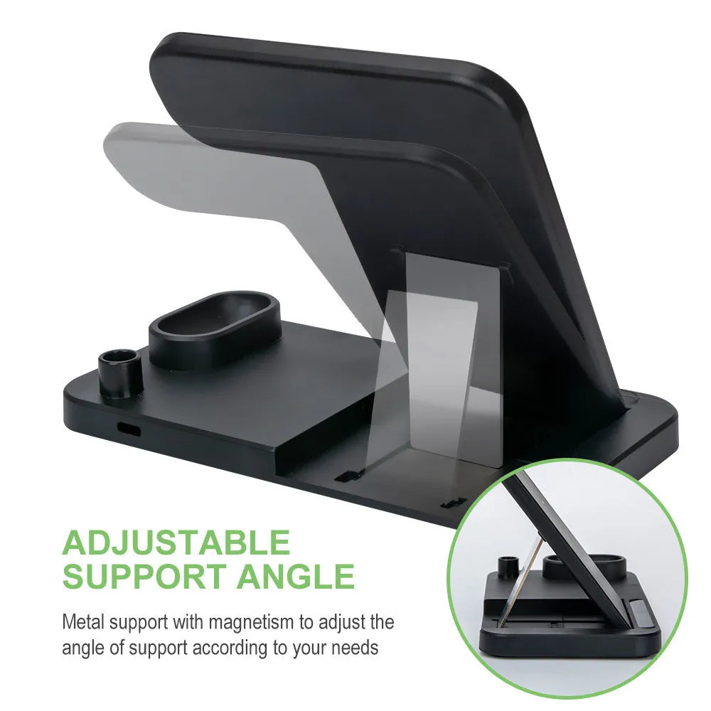 Folding 4-in-1 wireless charger in black showing vertical charging position for Apple iPhone