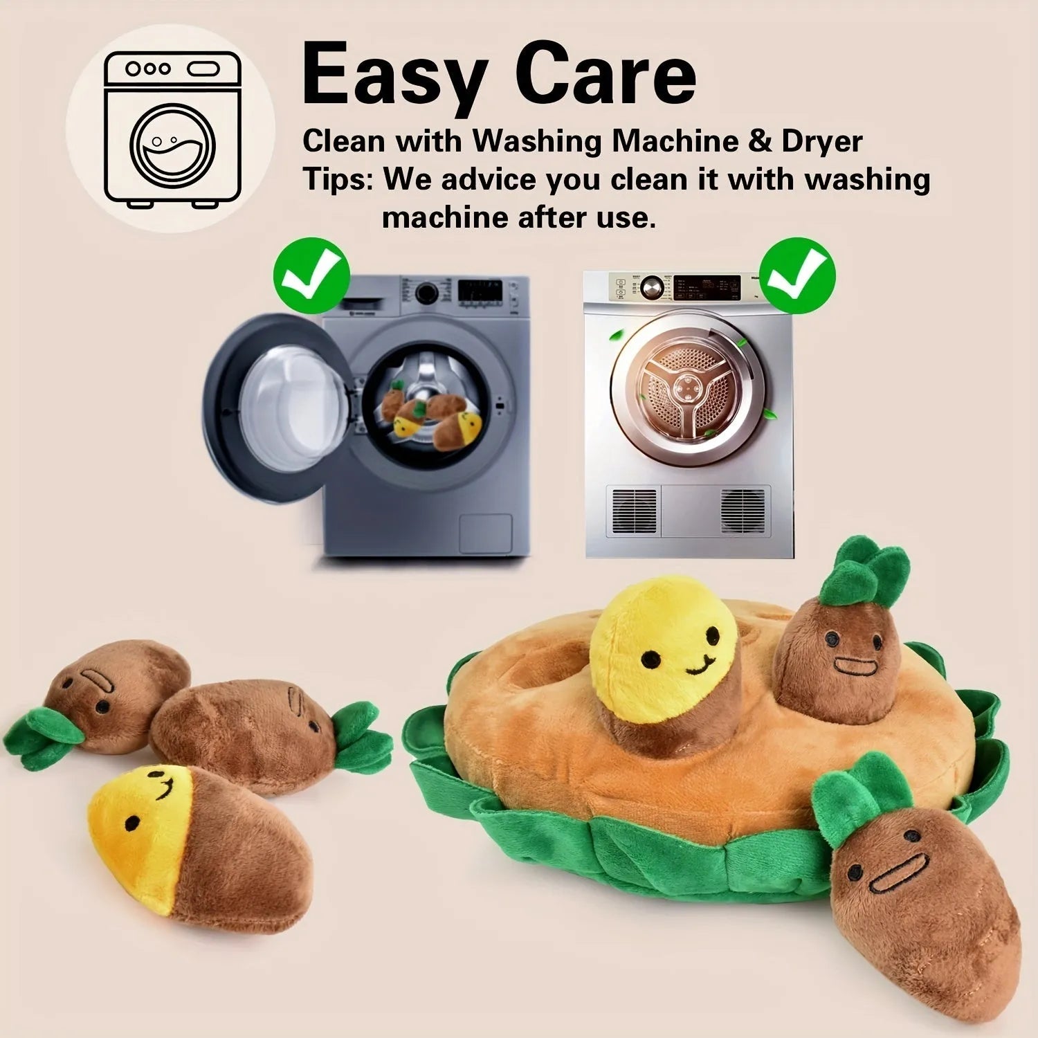 Yellow interactive dog puzzle toy with removable squeaky plush toys on polyester sniffing pad