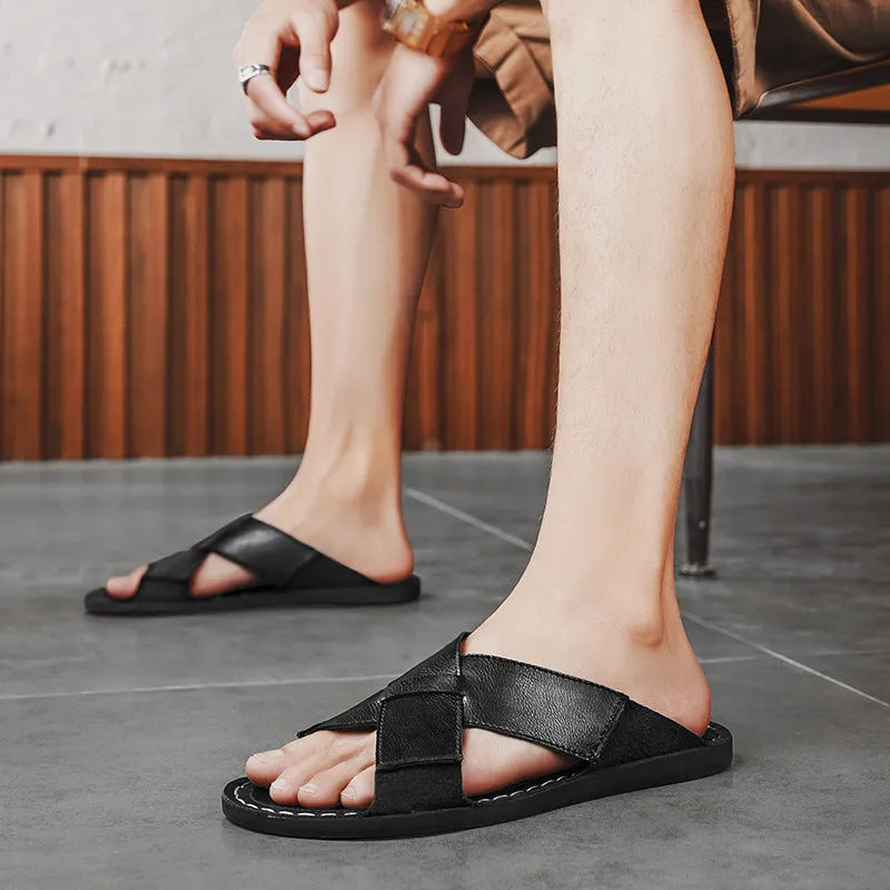 Men's genuine leather slip-on beach sandals in black with frosted finish and rubber sole