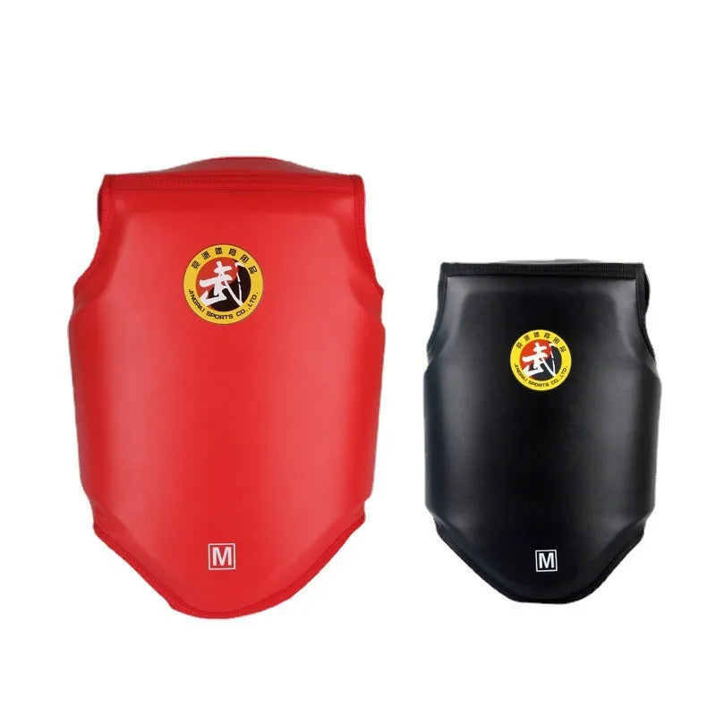 Red boxing helmet and one-piece chest protector set on a grey background.