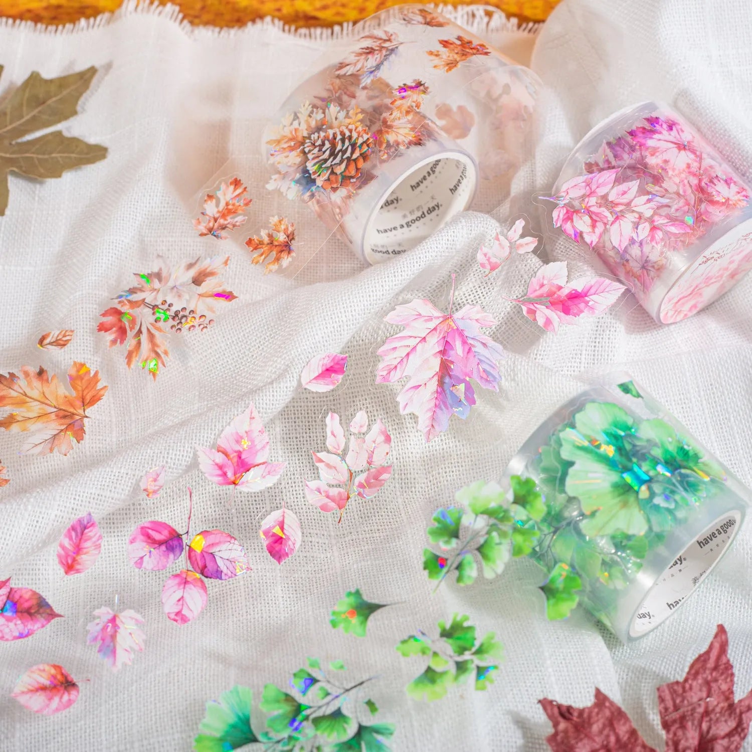 40mm wide decorative sticker roll with leaf patterns including ginkgo and maple designs