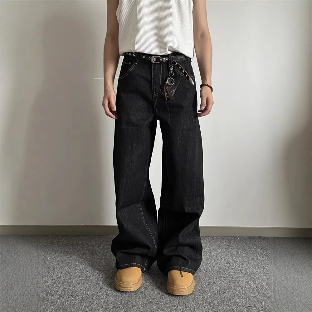 Black retro straight-leg jeans with loose wide-leg fit and zip fly