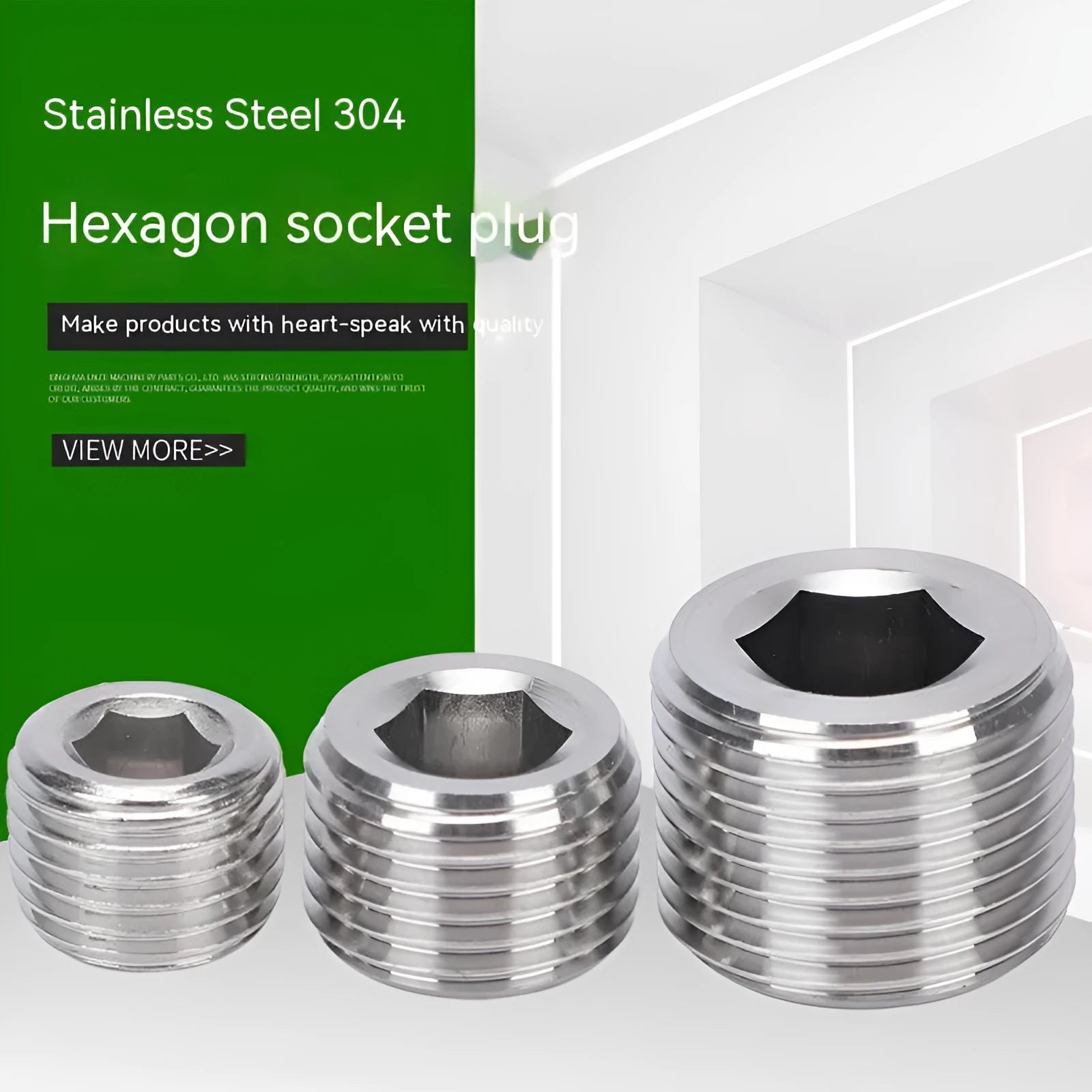 Stainless steel hexagonal head pipe plug for 3/8 inch threaded fittings.