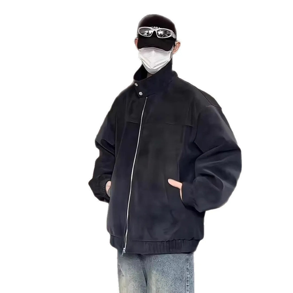 Men's black tie-dye PU leather bomber jacket with stand collar and side pockets