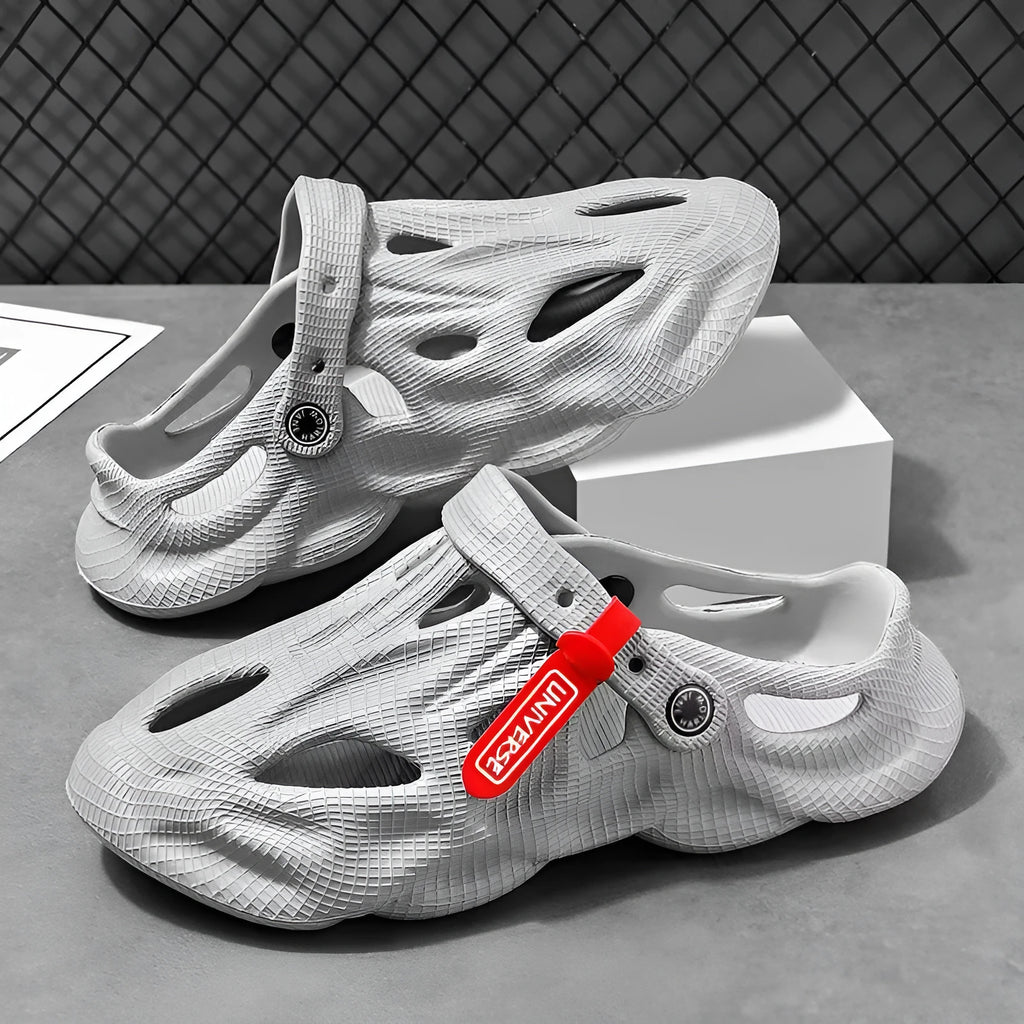 Korean-style grey EVA foam closed-toe slippers with a frosted texture and thickening sole.