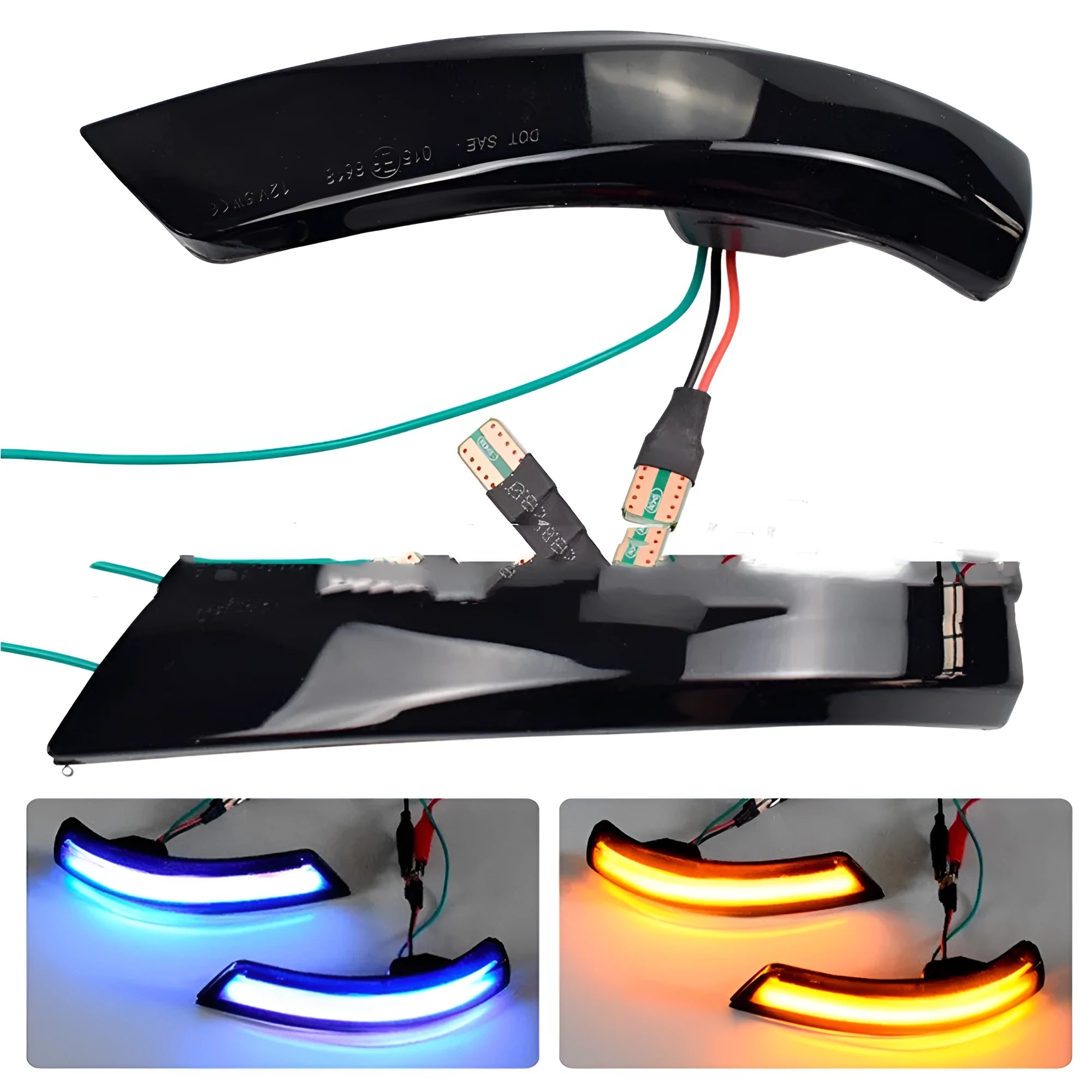 Ford Focus and Mondeo rearview mirror waterfall light kit showing blue and yellow LED options