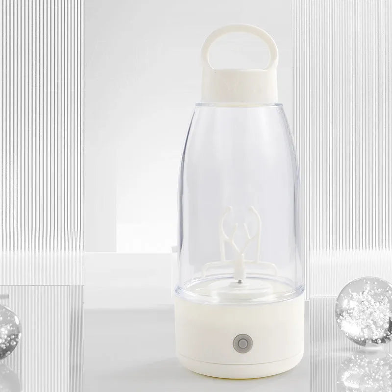 Automatic electric shaker bottle with USB charging, 350ml capacity, plastic body, and IPX5 waterproof rating