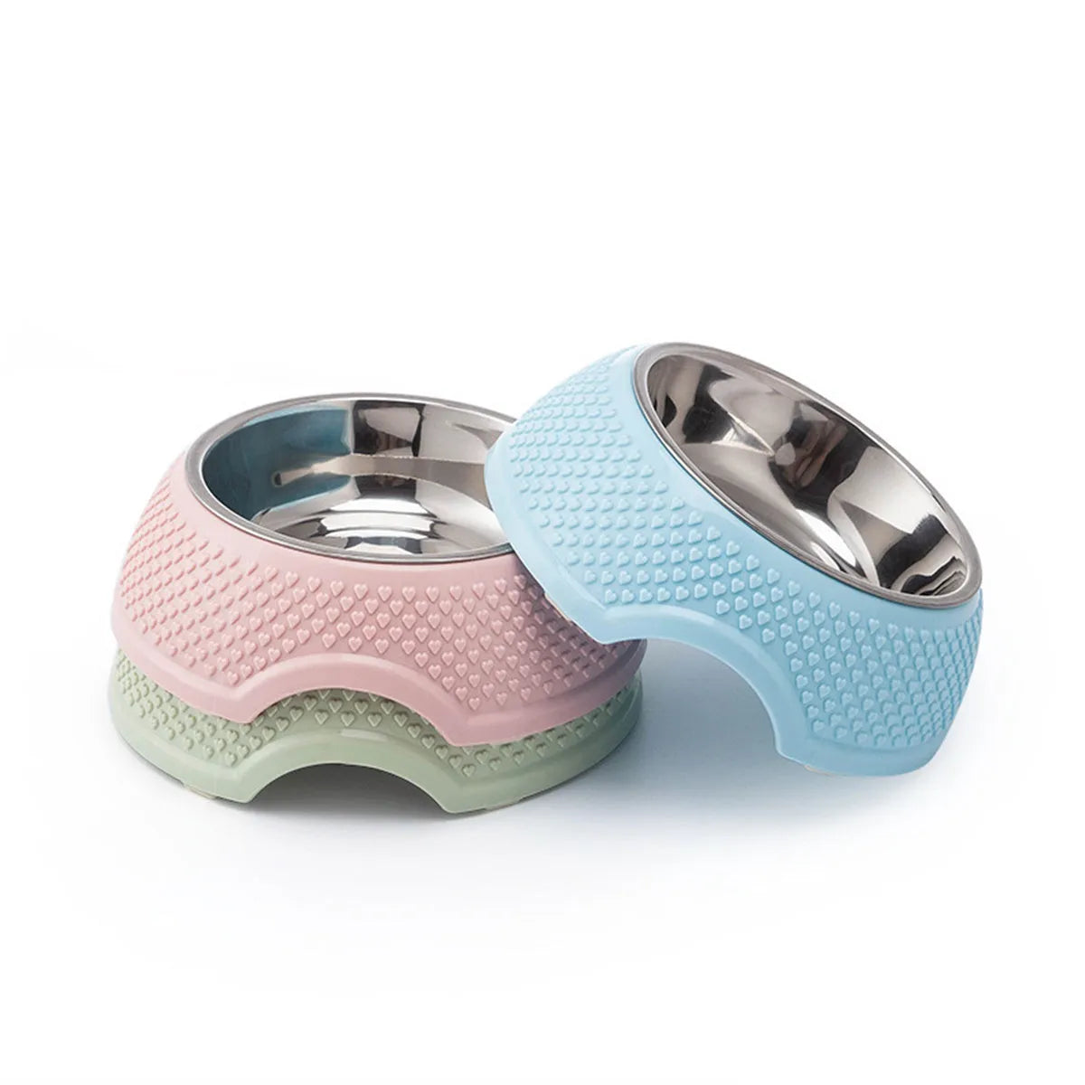 Stainless steel pet bowl with non slip base in blue green pink options for cat dog feeding