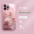 Blooming rose painted tempered glass phone case in pink colour for iPhone 12-15 series